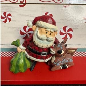 Santa with Reindeer Christmas Figurine – Folk Art Style